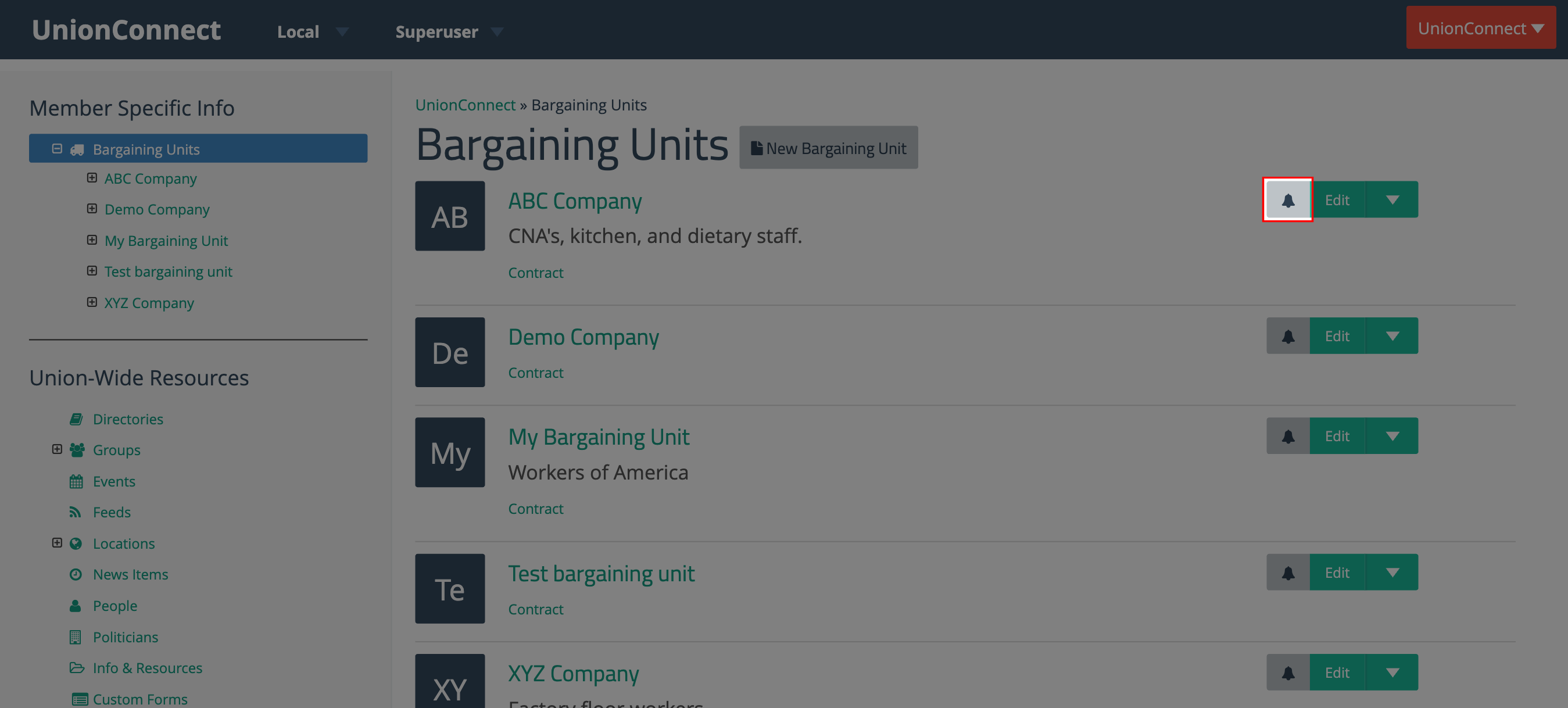 Bell icon next to a bargaining unit on the Bargaining Units list
