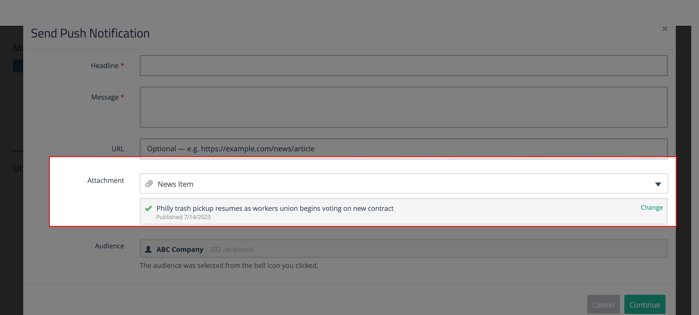 Selected news item shown with a green checkmark and Change link