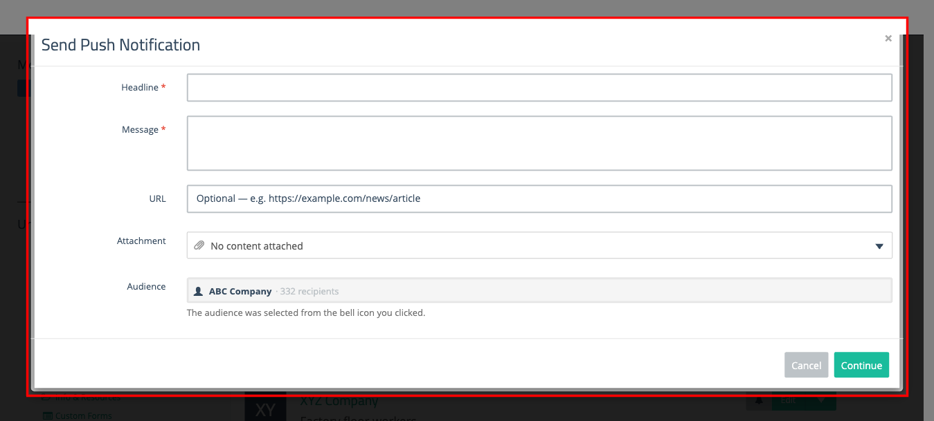 Send Push Notification modal showing Headline, Message, URL, Attachment, and Audience fields
