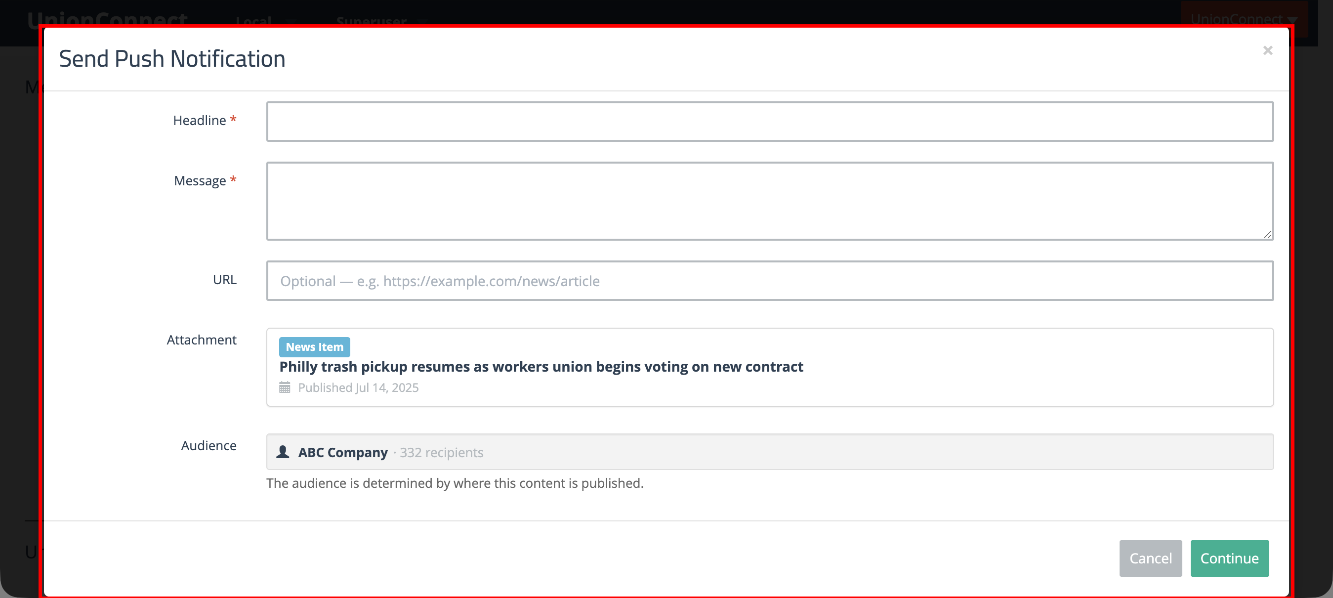 Send Push Notification modal with pre-attached News Item and auto-determined audience