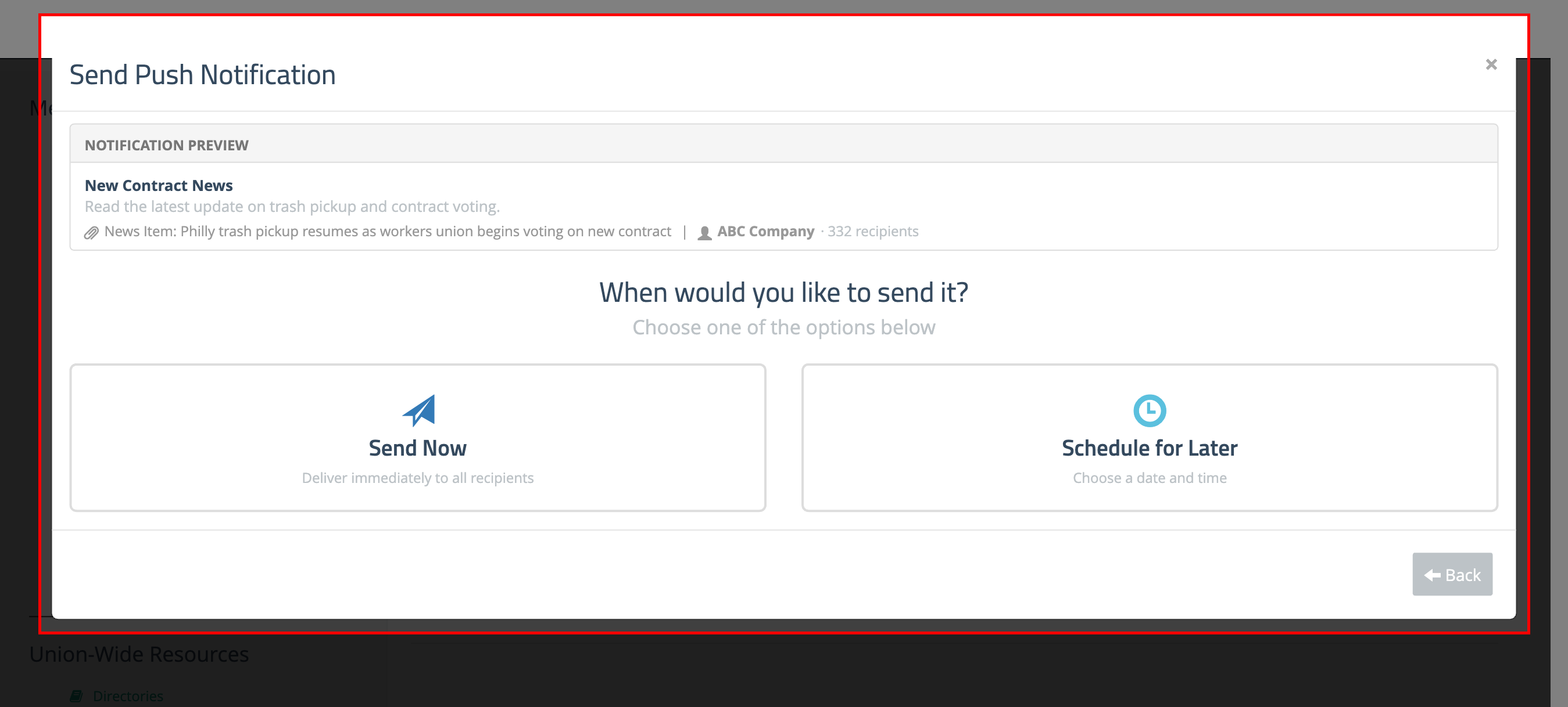 Step 2 showing Send Now and Schedule for Later options with notification preview including attached content