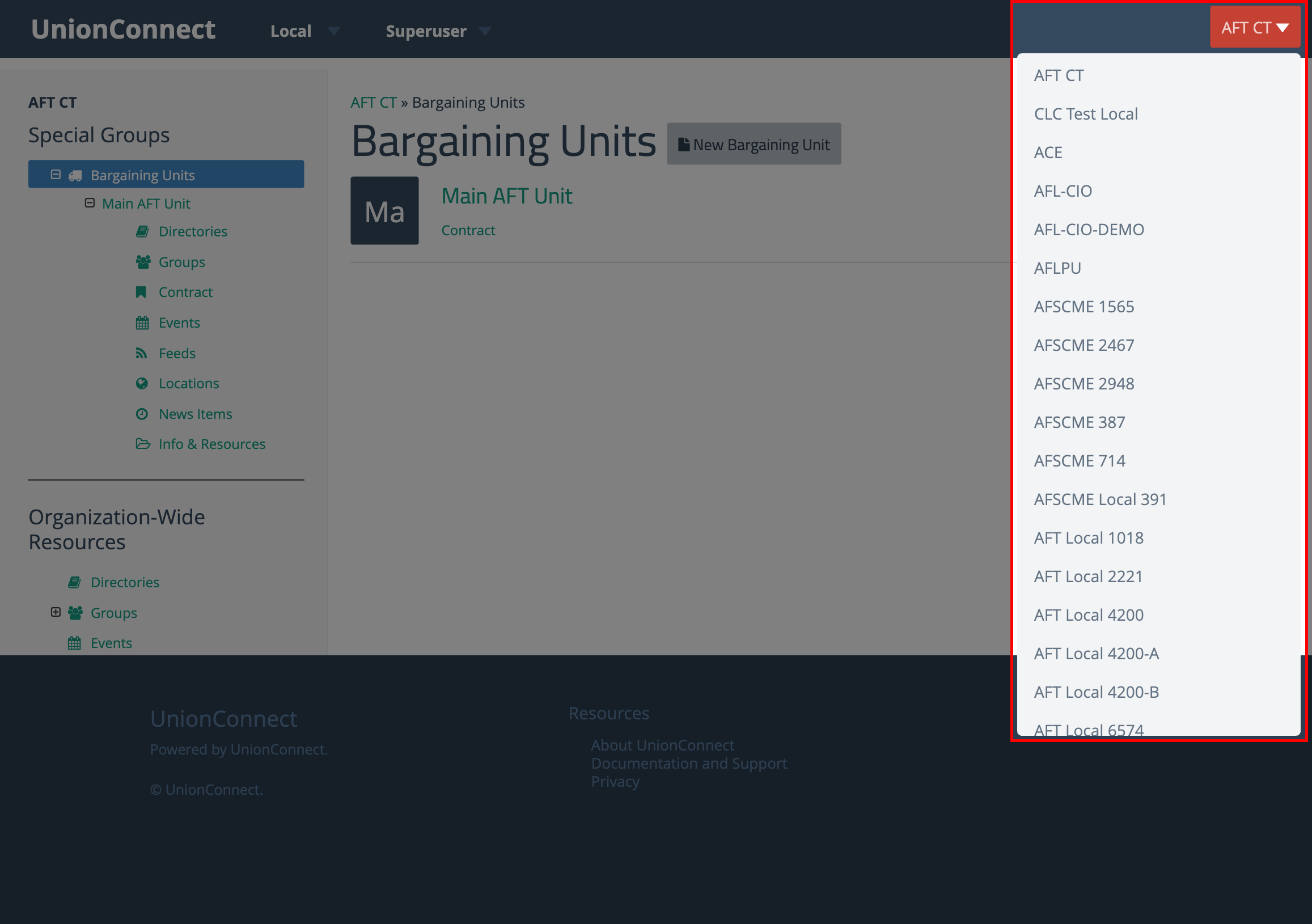 The local selector dropdown showing a list of available locals