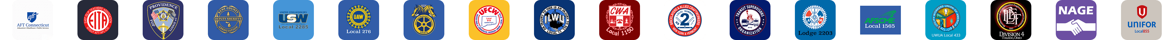 Logos of unions using UnionConnect: AFT Connecticut, East Islip Teachers, Fraternal Order of Police, KCDSA Deputy Sheriffs, United Steelworkers, United Auto Workers, Teamsters, UFCW, ILWU, CWA, BAC Bricklayers, TWU Transit Workers, IAM Machinists, AFSCME, UWUA Utility Workers, BLET Railroad Engineers, NAGE, Unifor