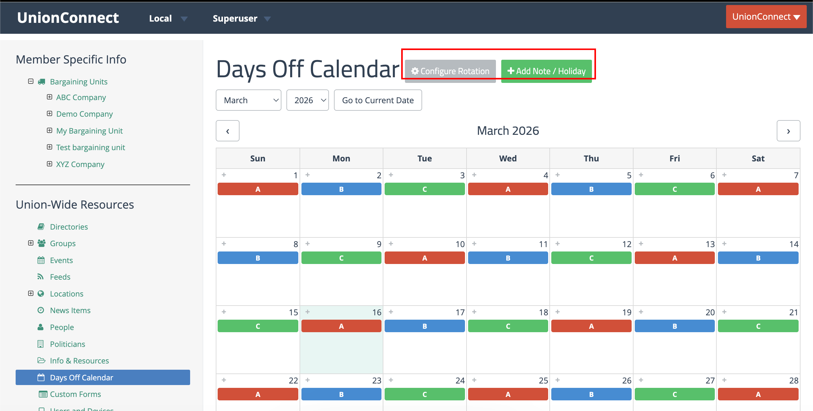 Days Off Calendar showing shift rotation pattern and calendar controls
