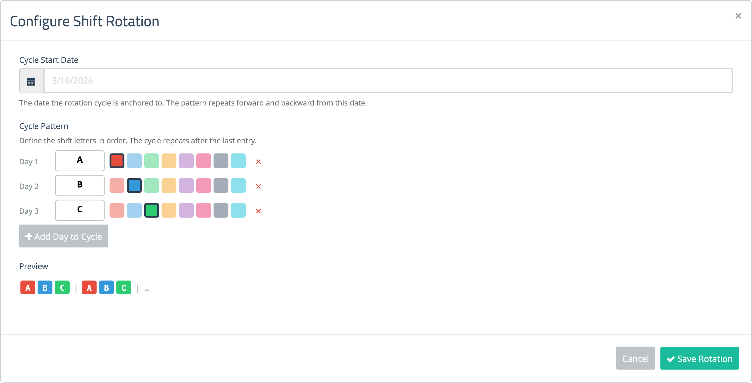 Configure Shift Rotation modal with cycle pattern and color selection