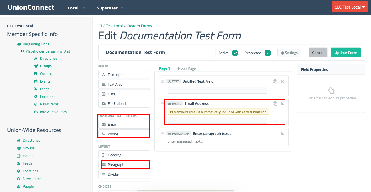 Form builder showing new Input-Validated Fields, Paragraph layout block, and Email autofill notice