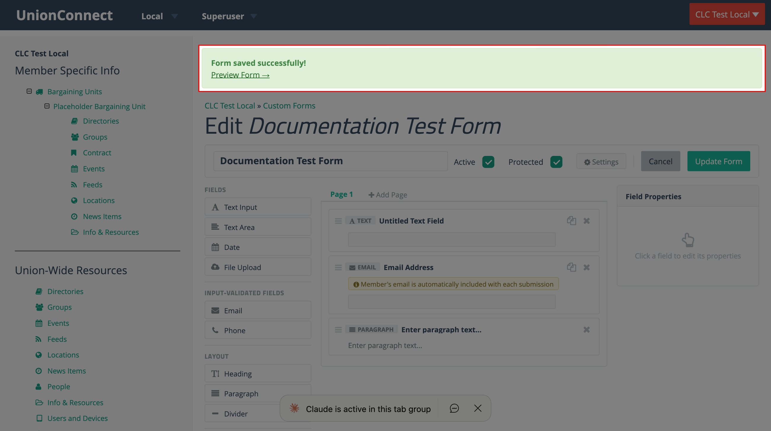 Success message with Preview Form link after saving