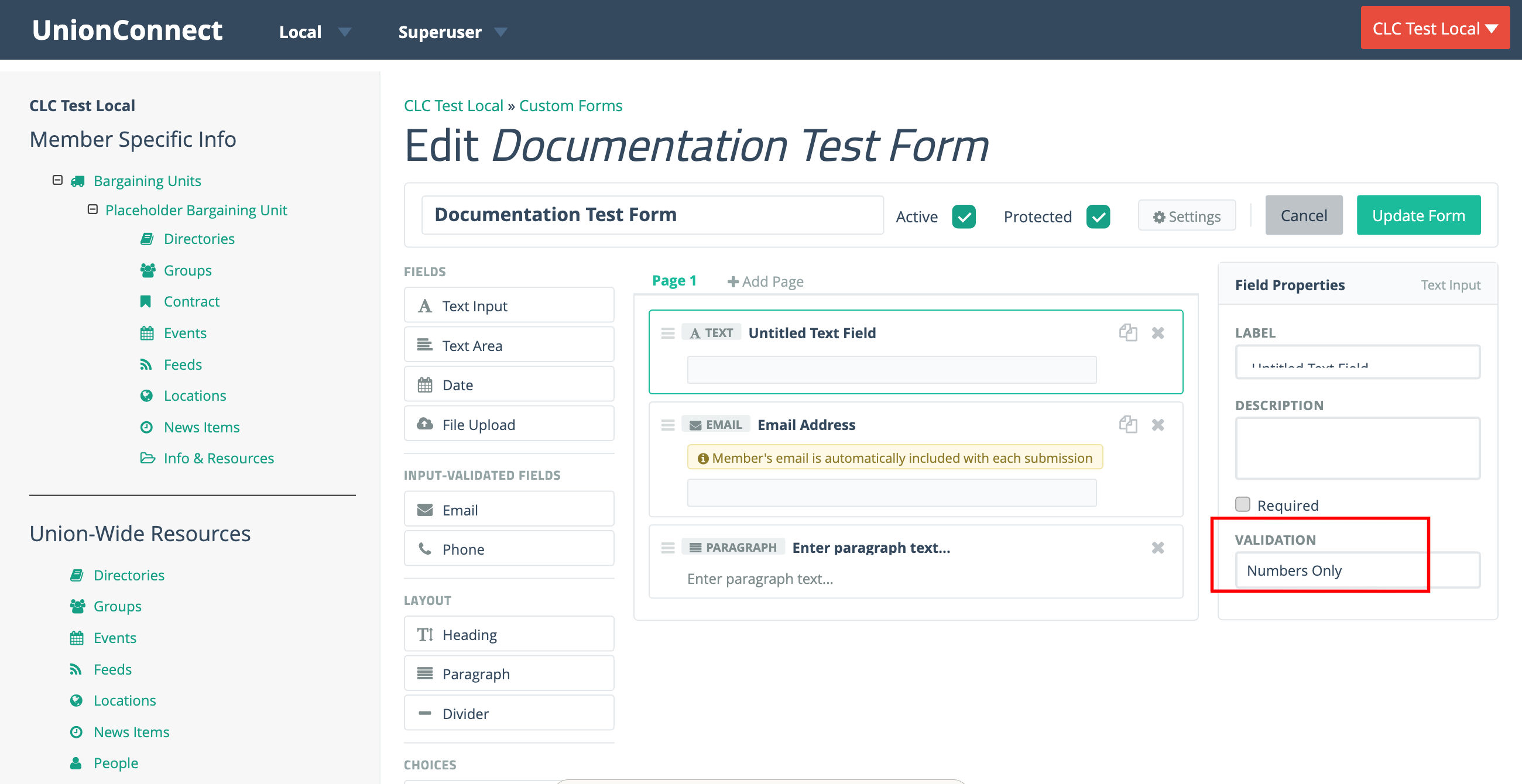 Field properties panel showing validation dropdown with Numbers Only selected